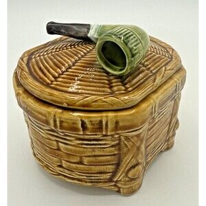 Vintage Ceramic Woven Basket W/Pipe On Lid Tobacco/Trinket Box USA #11688 3"x5"